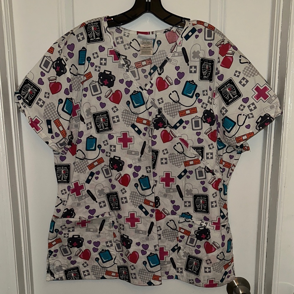 Medical Print V-Neck Scrub Top in White with Multicolor Icons
